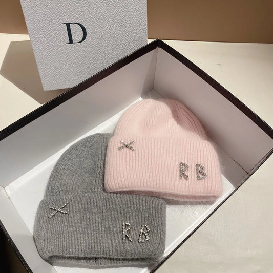 Real Rabbit Fur Diamonds Letter Beanies Hats For Women Winter Warm Knitted Hat Famous Brand Lady Casual Bonnet Skiing Cap