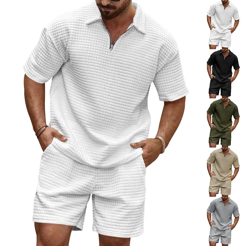 2024 Summer New Men's Casual Trend Fashion Comfortable Solid Color Polo Sport Set