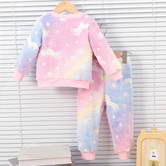 Female baby colored autumn and winter plush night fluorescent home clothing baby warm pajama set fashionable Chid Accessories