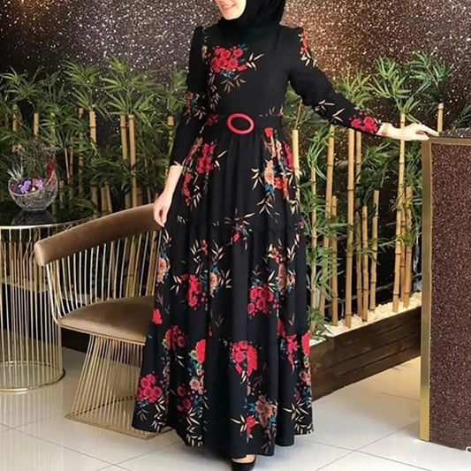 Dress Women Long Sleeve Muslim Abaya Ethnic Floral Print Belt Maxi Kaftan Robe