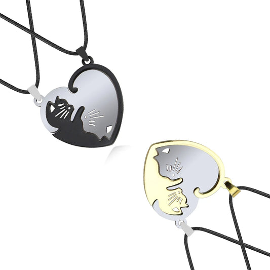 Couple Jewelry Round Broken Heart Hugging Cat Necklace Women Yinyang Stainless Steel Double Color Pendant Splicing Lovers Gifts