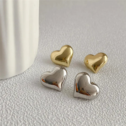 LATS Gold Color Smooth Surface Love Heart Shaped Stud Earrings Women Minimalist Fashion Girl Wedding Bridal Jewelry