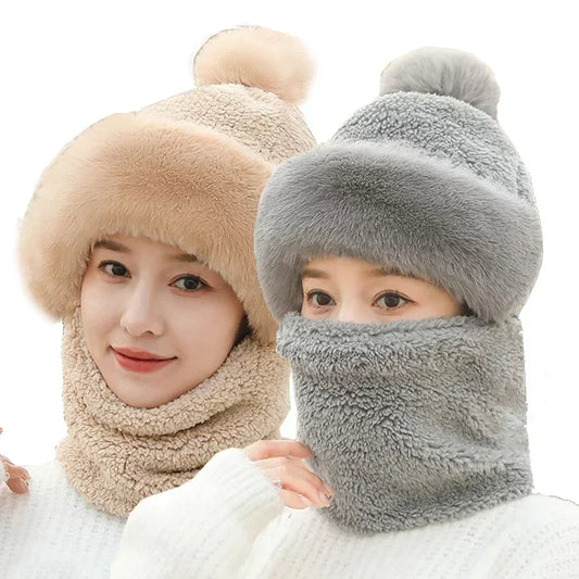 Winter Scarf Set Hooded for Women Plush Neck Warm Russia Outdoor Ski Windproof Hat Thick Plush Fluffy Beanies