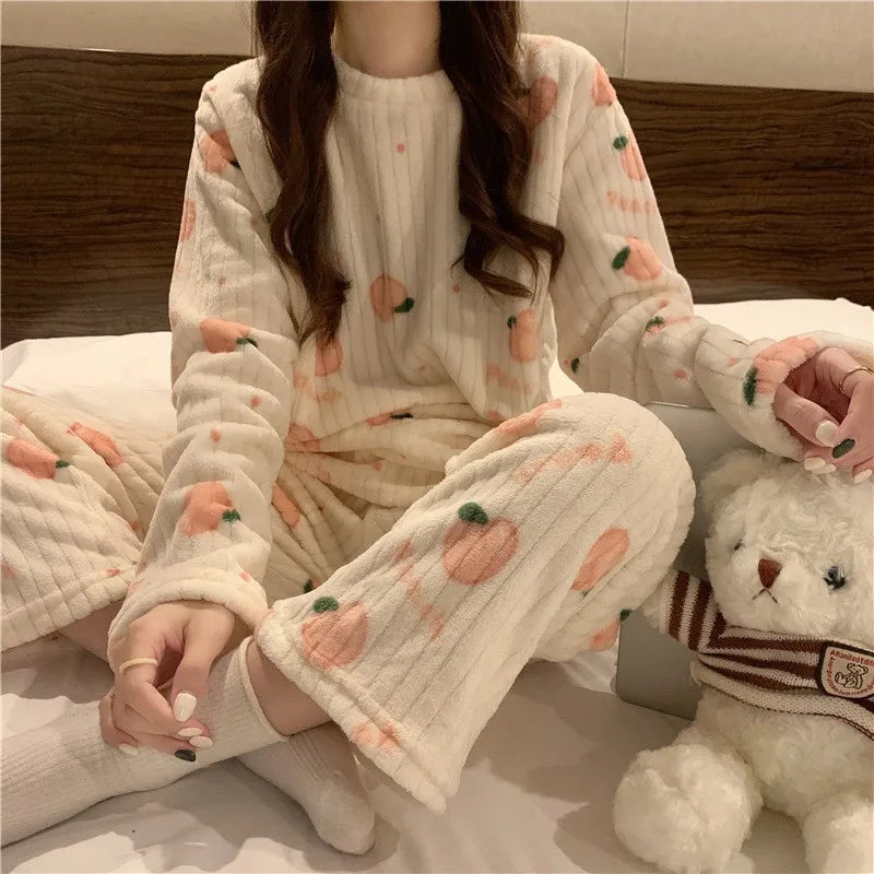 Winter Women's Pajamas Homewear Suit New Coral Fleece Warm Set of Fall and Winter Comfortable Warm Pajamas Homewear Suit