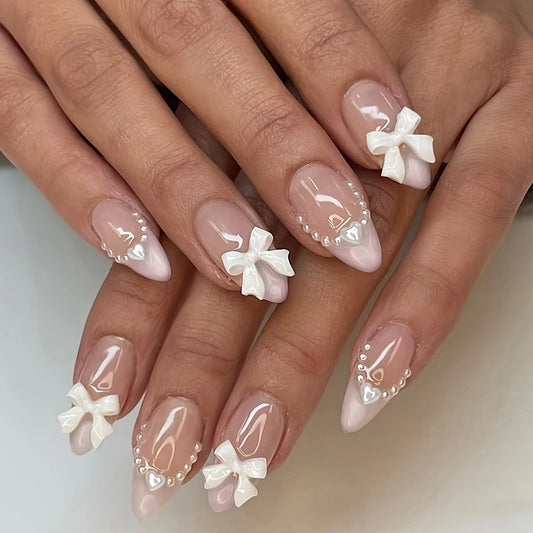 24pcs short and medium-sized fake nails pink almond nail, 3d White Bow, pearl love design，Y2K press on nails, suitable for women