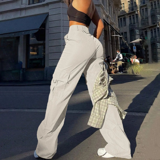 Streetwear Basic Buckle Cargo Pants Women Parachute Trousers Solid Straight Leg Big Pockets Baggy All-Match Y2K Sweatpants Chic