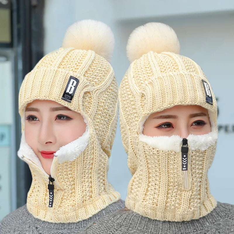 Women Wool Knitted Hat Ski Hat Sets Windproof Winter Outdoor Knit Thick Siamese Scarf Collar Warm Keep Face Warmer Pompoms Cap