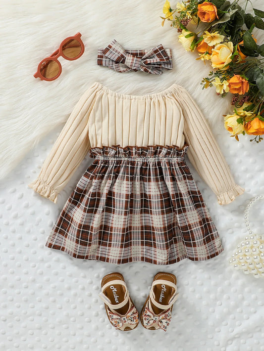 2024 New Baby Girls Autumn Long Sleeve With Bow Plaid Fahion  Cute Dress