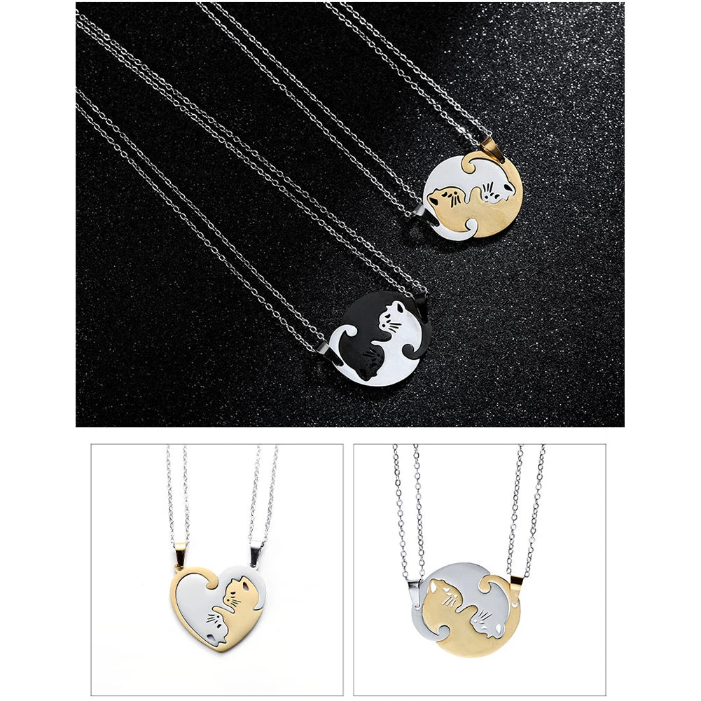 Stainless Steel Pet Cat Love Heart Pendant Puzzle Matching Necklace Chain For Couple Lover Valentine