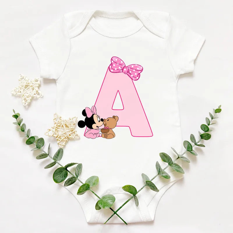 Cute Baby Custom Name Letter Combination Printing Bodysuit Minnie Mouse Letter Font A B C D E F G Short Sleeve Cotton Jumpsuit