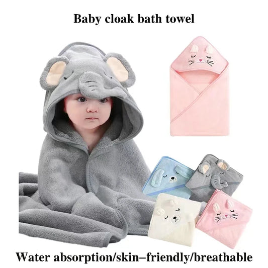 Newborn Kids Bathrobe Solid Color Cartoon Coral Fleece Super Soft 80cm Toddler Baby Hooded Bath Towel Bathrobe Swaddle Blanket