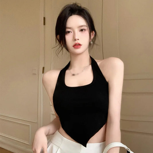 Y2K Backless Tank Top Sexy Square Neck Halter Crop Tops Irregular Shape Skinny Slim Sleeveless Vest Summer Women Camisole