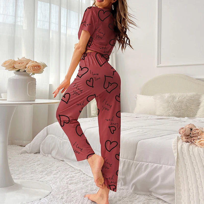 Autumn Fashion Home Pajama Suit Women Sleepwear Pijama Milk Silk Short Sleeve Top with Pants 2 Piece Pajamas for Ladies Lingerie