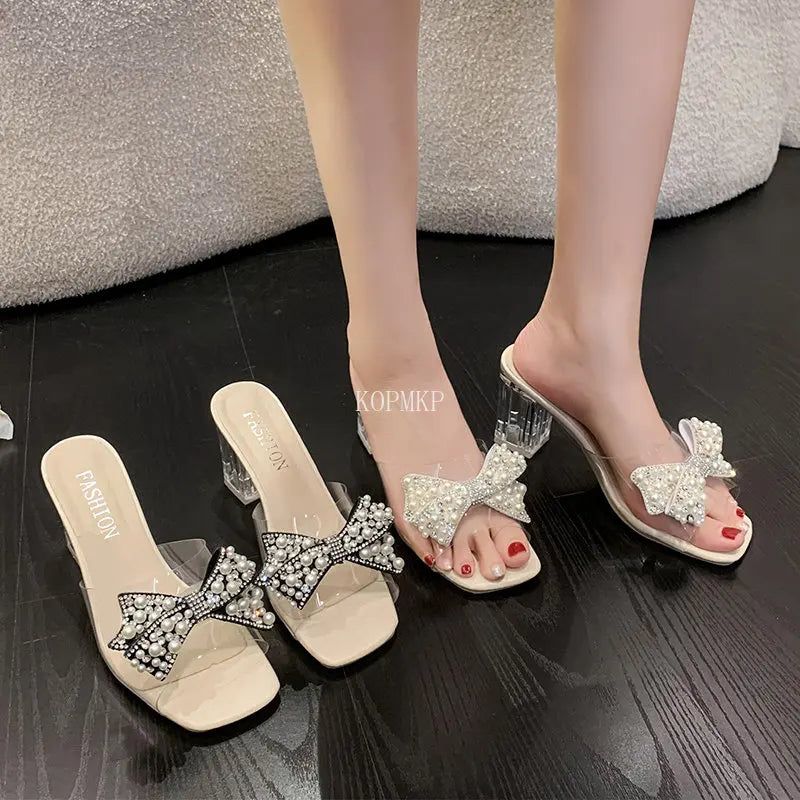 New Design Sexy PVC Transparent Bowknot String Bead High Heels Women Sandals Summer Gladiator Party Dress Pumps Shoes Size 35-43