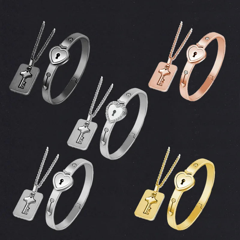 Couple Jewelry Stainless Steel Bracelet Love Heart Lock Bracelets Bangle Key Pendant Necklace For Women Men Valentine's Day Gift