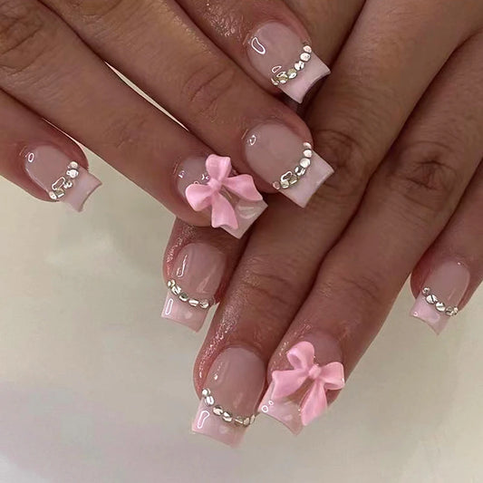 24pcs short-and medium-length false nails square nail , pink bow and sticky diamond design press on nails, suitable for women