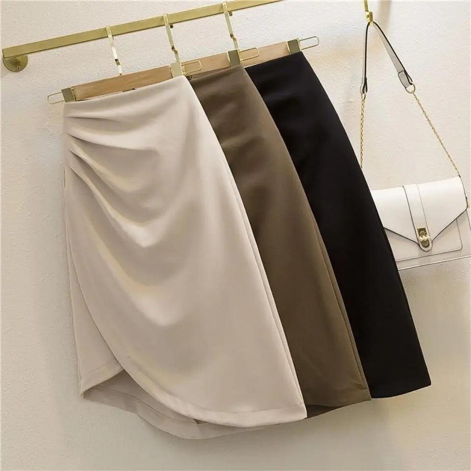 Autumn Women's Irregular A-Line Skirt Folds Slim Sexy Elegant Office Lady's Skirt Solid All-Match Trend Korean Chic Zipper Split