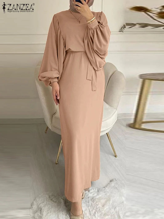 ZANZEA Spring Muslim Long Dress Abaya Fashion Lace-up Maxi Robe Women Long Sleeve O Neck Vestidos Elegant Ramadan Sundress 2024