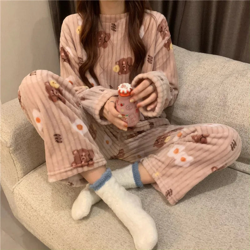 Winter Women's Pajamas Homewear Suit New Coral Fleece Warm Set of Fall and Winter Comfortable Warm Pajamas Homewear Suit