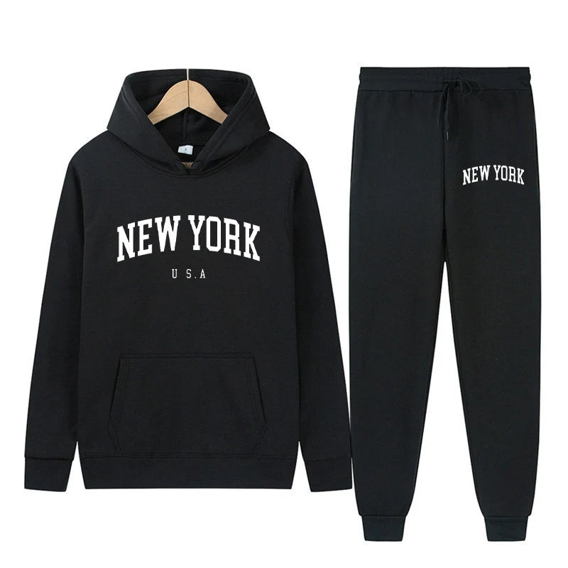 New York Letter U.S.A City Hoodies + Pants 2 Pieces Sets Men Fashion Sweatshirts Women Casual Hooded Pullovers Sportwear Suit