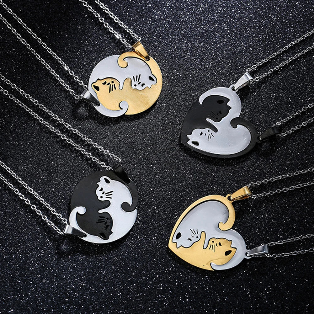 Stainless Steel Pet Cat Love Heart Pendant Puzzle Matching Necklace Chain For Couple Lover Valentine