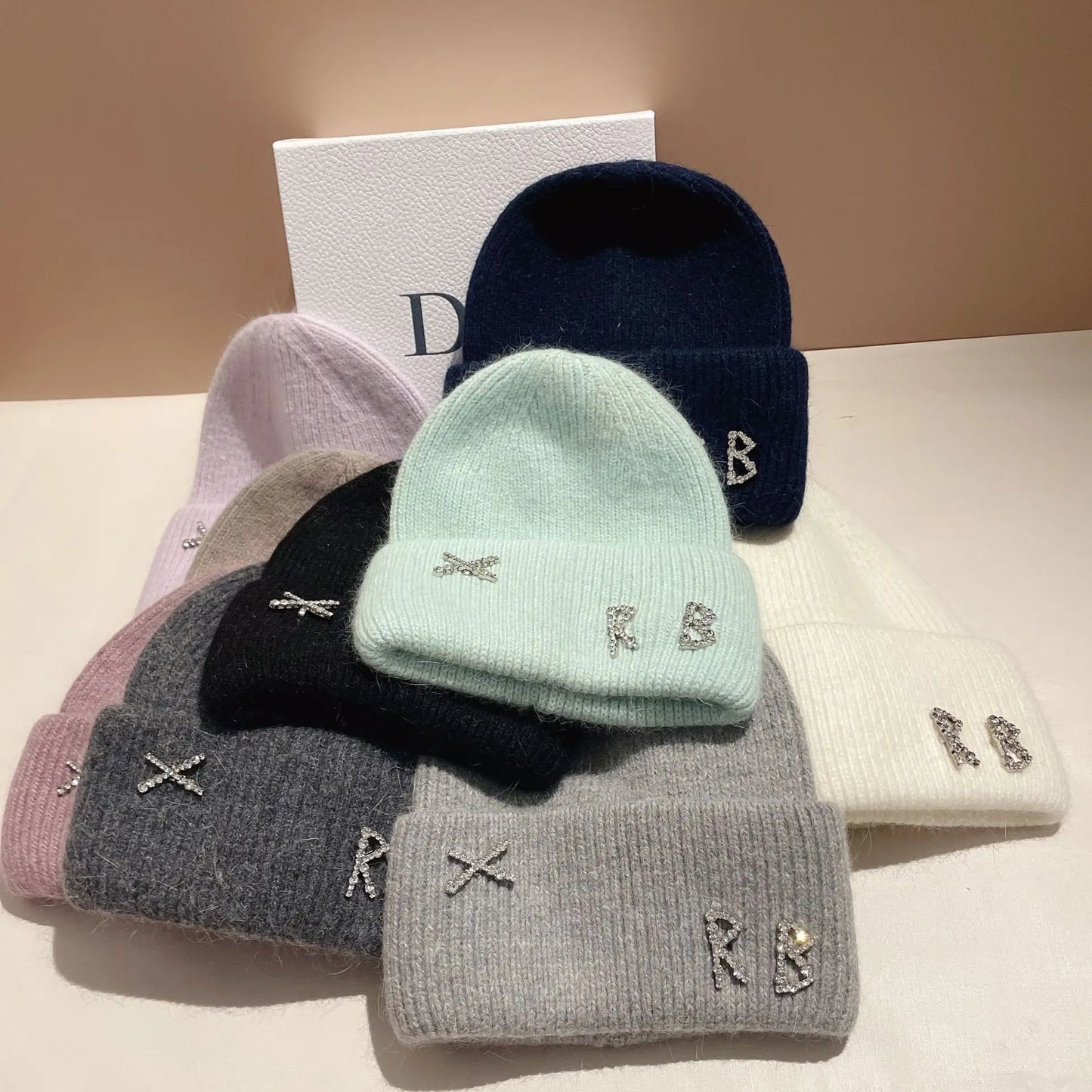 Real Rabbit Fur Diamonds Letter Beanies Hats For Women Winter Warm Knitted Hat Famous Brand Lady Casual Bonnet Skiing Cap