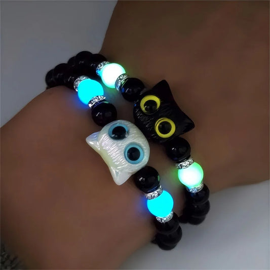 Matching Bracelets Couples Women Men Luminous Cute Cat Friendship Bracelete Black White Cat Head Bangles Glow In The Dark Gift