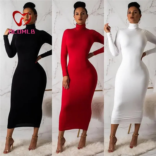 Nadafair Sexy Women Dress Long Sleeve Turtleneck Autumn Winter Solid Casual Basic Black White Bodycon Slim Maxi Dress For Women