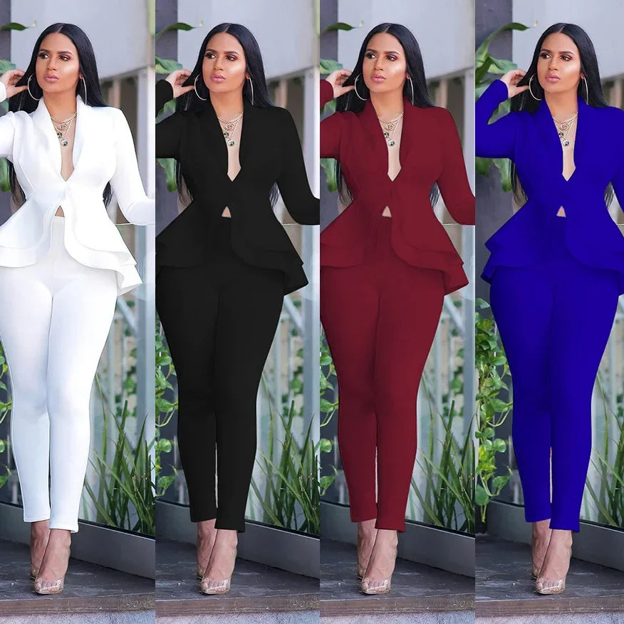 Women Fashion Women's Set Tracksuit Full Sleeve Ruffles Blazers Pants Suit Two Piece Set Office Lady Business Wear Uniform