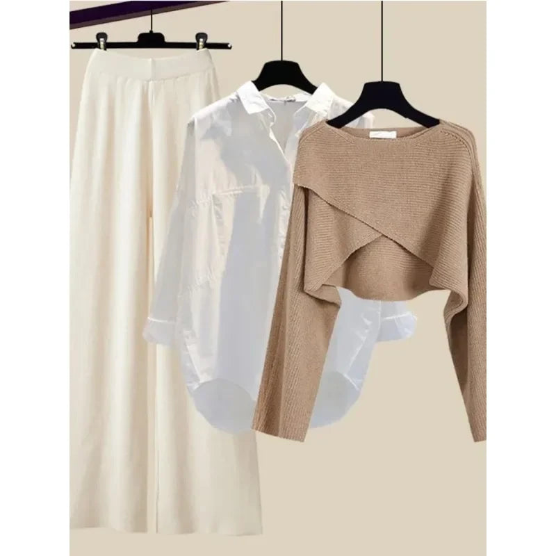 Winter 3 Piece Sets Womens Outfit Office Ladies Elegant Irregular Knitted Sweater +Shirt +Wide Leg Pants Set Women Clothing N434