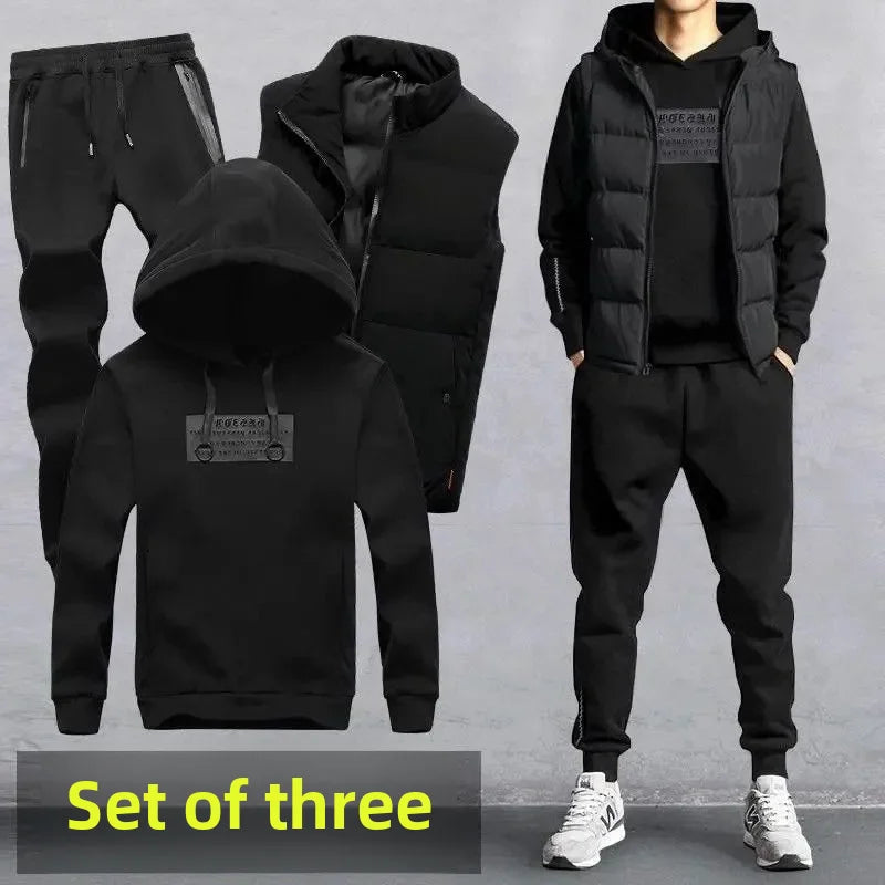 Men's Autumn Winter Sweatshirt Vest Casual Three-piece Set Fashionable Simple Casual Cool Hooded Sports Three-piece Dec