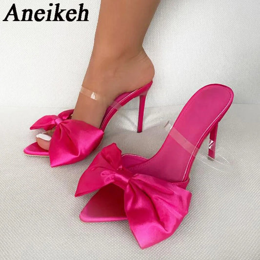 Aneikeh Summer Silk Butterfly-Knot Mule High Heels Women's sandal Pumps 2024 Sexy Pointed Toe Slingbacks Ladies Party Shoe 35-42