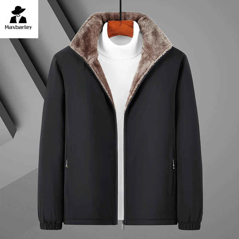 New Winter Warm Fleece Jacket Men's Business Casual Thick fleece-lined Short Parka Brand Middle-aged Solid Color Cold-proof Coat