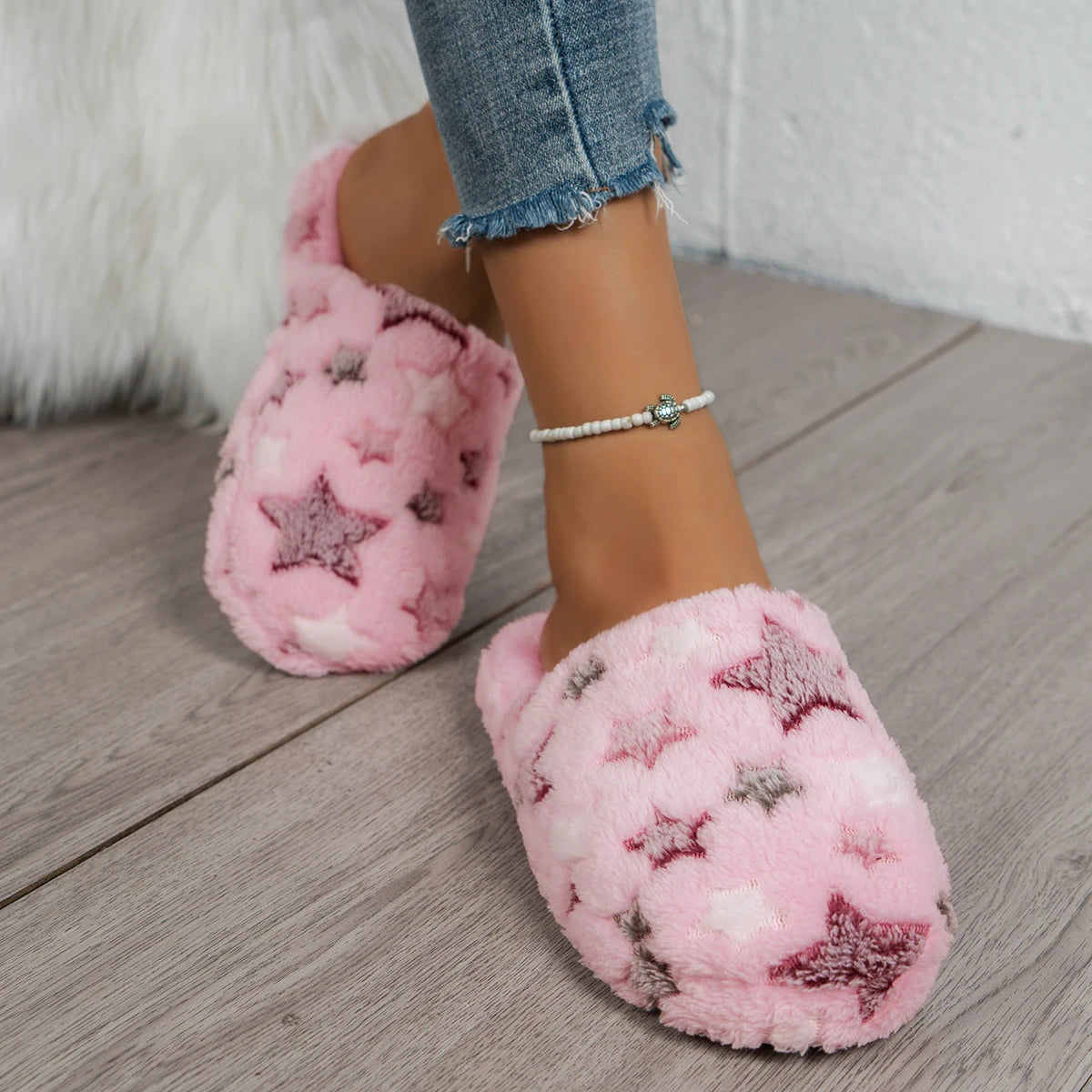 Indoor anti slip fuzzy slippers, cotton slippers for women in autumn and winter, warm home, anti slip thick soles for indoor cou