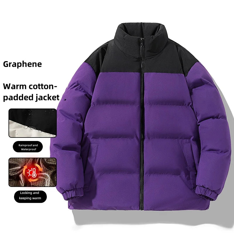 2024 Winter Jacket Men's Fashion Splicing Graphene Warm Short Coat Women Outdoor Snow Stand Collar Windproof Down Cotton Parka