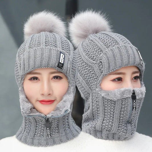 Women Wool Knitted Hat Ski Hat Sets Windproof Winter Outdoor Knit Thick Siamese Scarf Collar Warm Keep Face Warmer Pompoms Cap