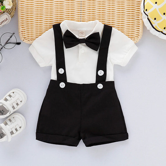 Mini Gentleman Outfit Newborn Baby Boy Formal Costumes Short Sleeve Shirt With Bow + Romper Short Pants Summer Fashion 2 Pcs Set