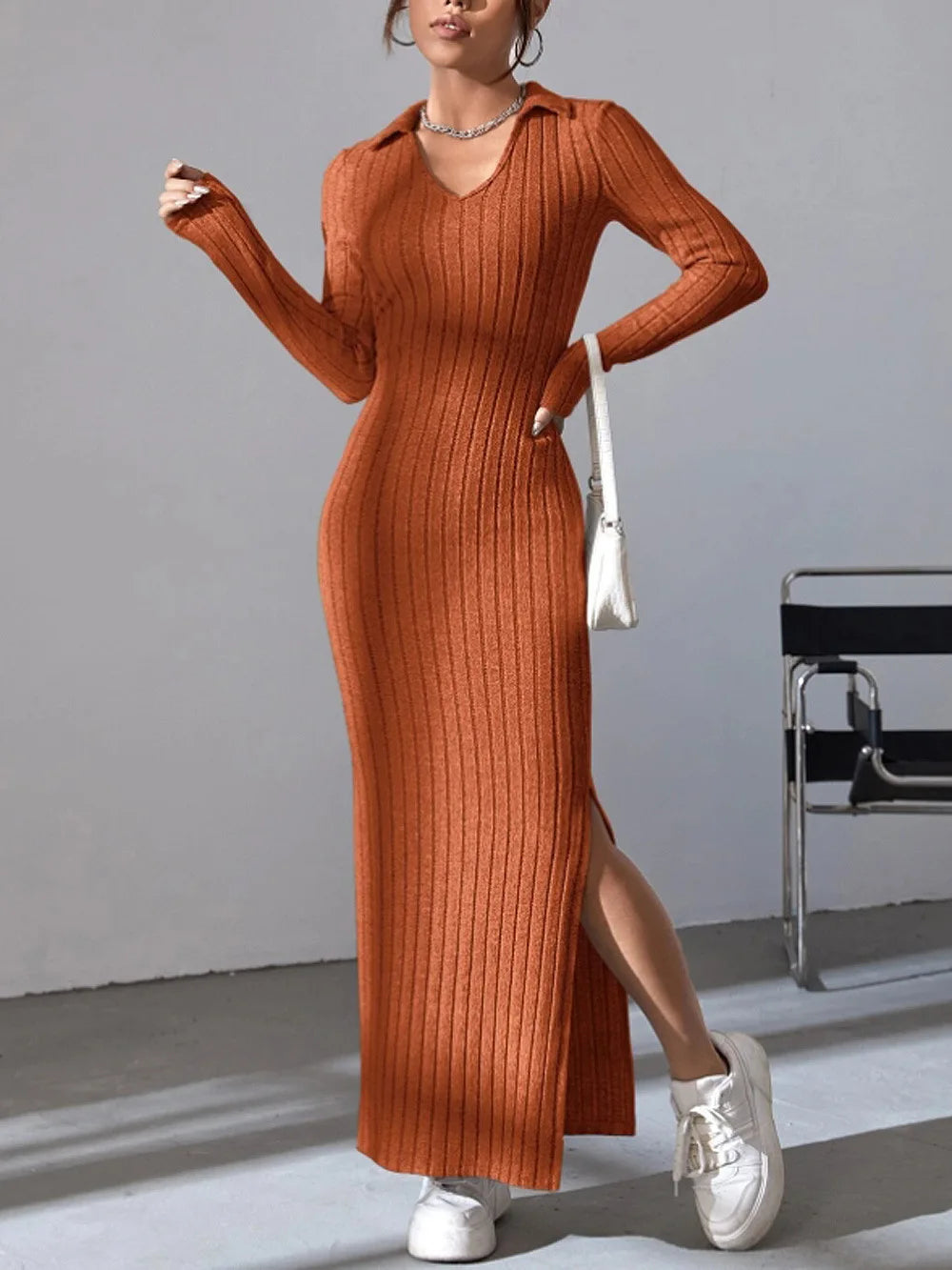 2024 Europe And The United States Autumn And Winter New Knitted Slim-Fit Lapel Long Sleeve Pit Strip Solid Color Tight Dress