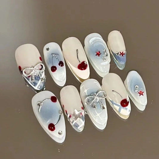 10Pcs Handmade Press on Nails French Almond Full Cover Cherries and Bow Design Fake Nails Sweet Cute Manicure Nail For Girl tool