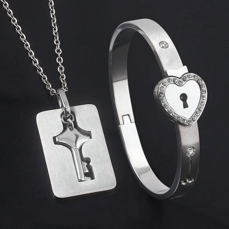 Couple Jewelry Stainless Steel Bracelet Love Heart Lock Bracelets Bangle Key Pendant Necklace For Women Men Valentine's Day Gift