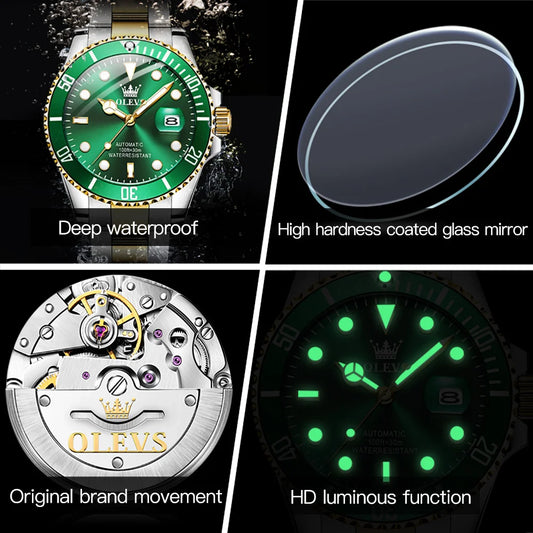 OLEVS Automatic Movement Mechanical Men Watch Green Water Ghost Man Wristwatch Waterproof Stainless Steel Men's Watches Luxury