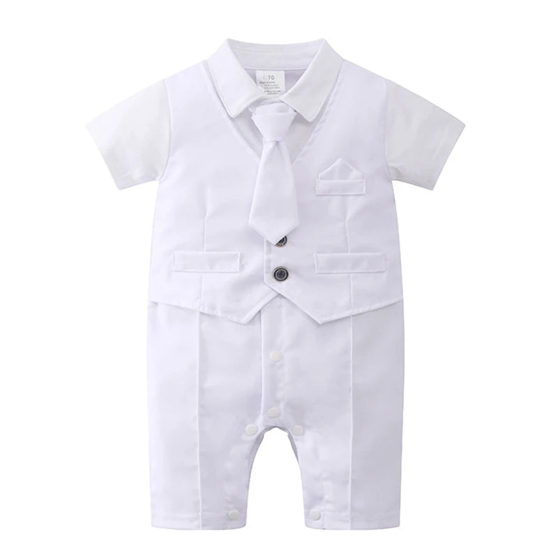 3-24 Months Infant Baptism Outfit Baby Boys Formal Suit Summer Gentleman Costume White Romper Tie Newborn Suits Birthday Dress