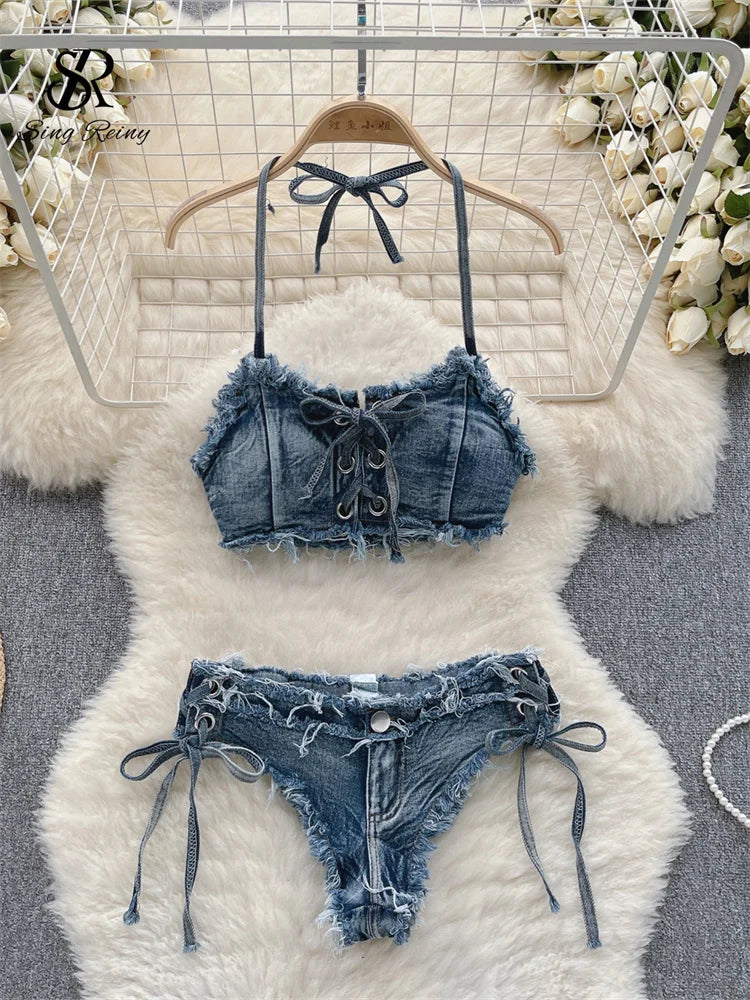 SINGREINY Retro Women Bikini Denim Suits Summer Halter Camis+ Mini Pant Lingerie Fashion Vacation Swimsuits Sexy Bra&Briefs Sets