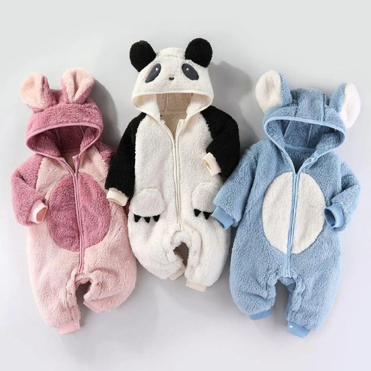 Autumn Winter Baby Clothes Boy Girl Cartoon Thicken Plus Velvet Zipper Hooded Romper Infant Warm One-piece Fashion Kid Jumpsuit