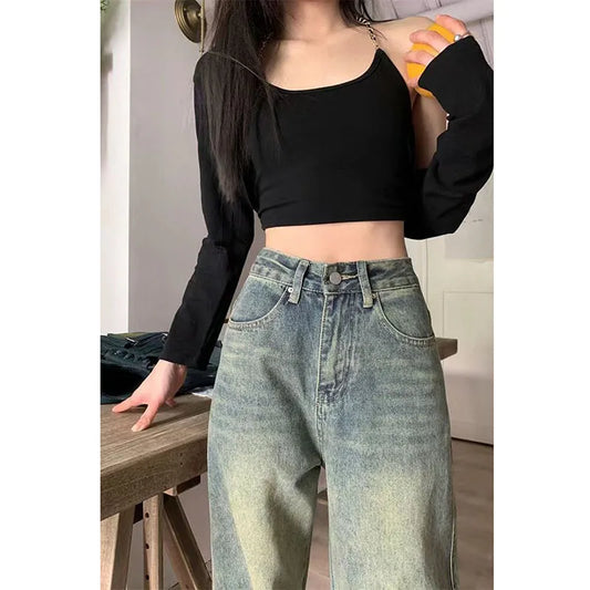 XPQBB Vintage Wide Leg Jeans for Women Streetwear High Waist Loose Straight Denim Pants Female 2024 Spring Wild Casual Trousers