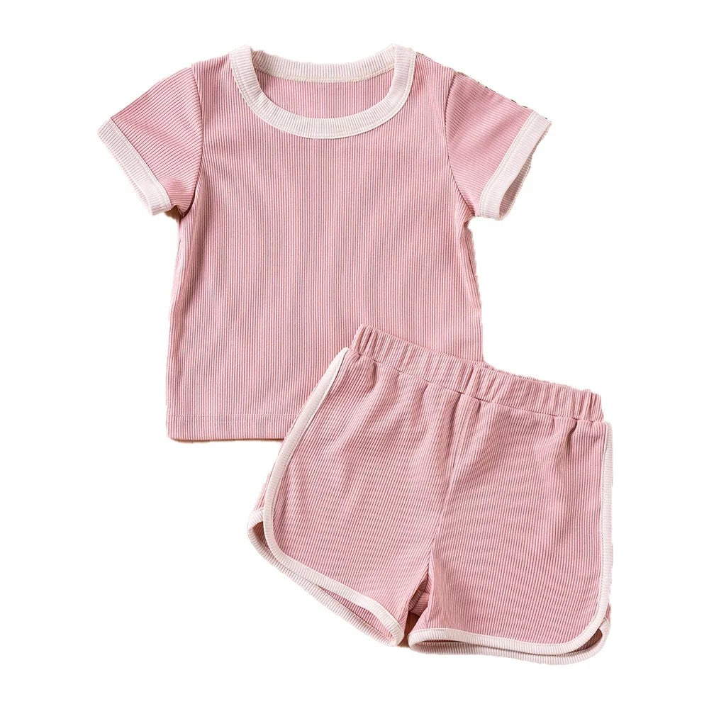 2024 Boys Girls Ribbed Summer Outfit Set Toddler Short Sleeve T-Shirt + Shorts Children 2Pcs Clothes Set Korean 1-6Y