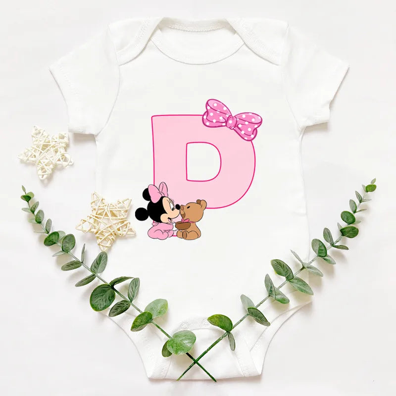 Cute Baby Custom Name Letter Combination Printing Bodysuit Minnie Mouse Letter Font A B C D E F G Short Sleeve Cotton Jumpsuit