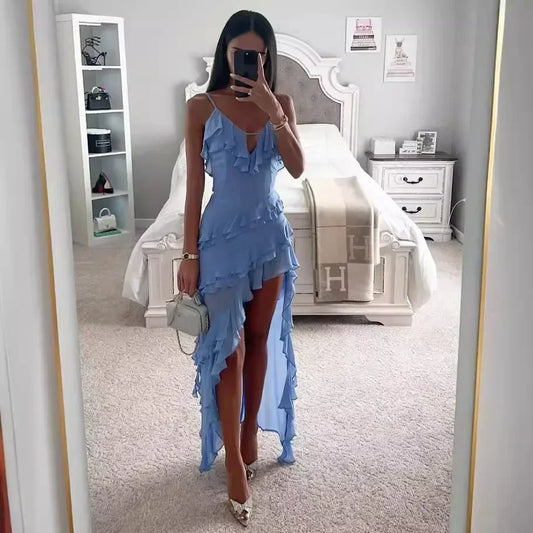 2024 Summer Women Long Dress Blue Solid V-neck Backless Irregular Sexy Slip Dresses Female Fashion Holiday Beach Clothes Ladies