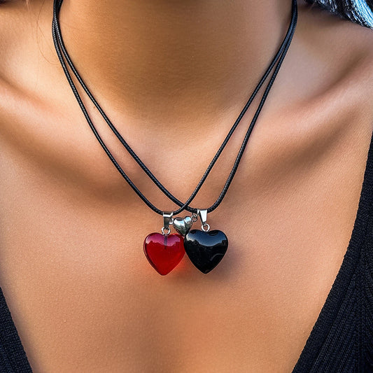 Korean Simple Leather Wax Rope Chain Choker Romantic Acrylic Heart Shaped Pendant Couple Necklace Women's Anniversary Jewelry