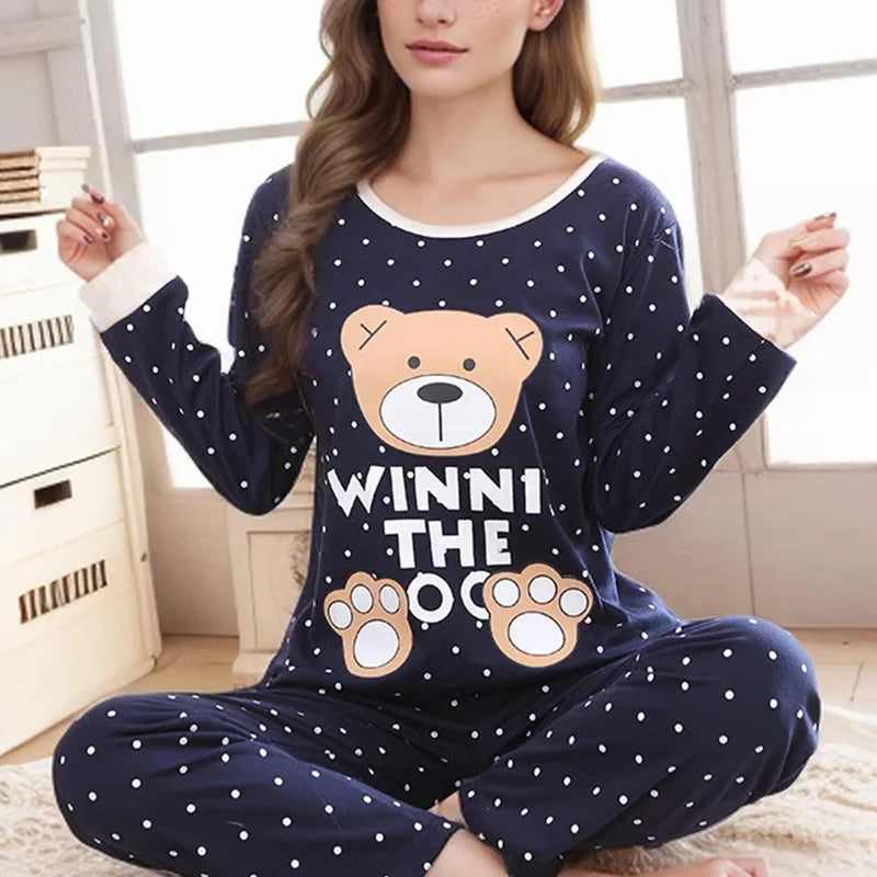 2PCS/Set Women Fashion Long-Sleeved Pajamas Autumn Winter Cartoon Love Bear Cute Soft Loose Casual Omfortable Outside Homewear